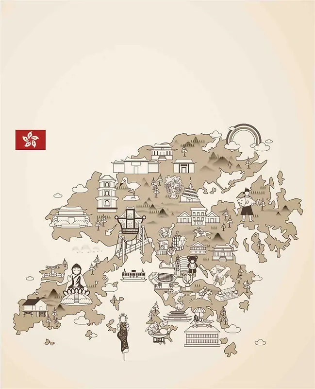 手绘矢量旅游香港景点做旧紫荆地图海报背景