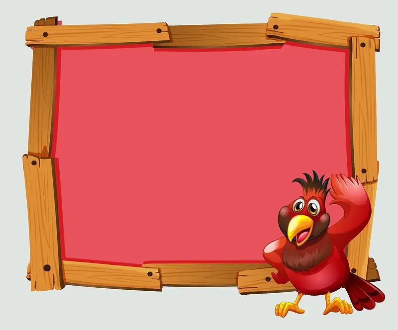 矢量卡通木板边框红色鹦鹉背景素材