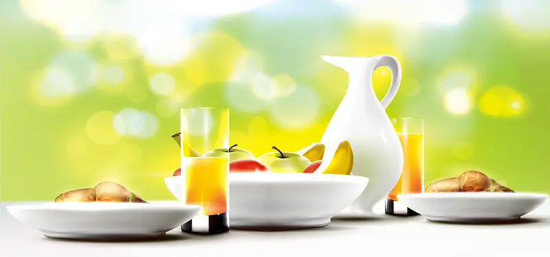 淘宝矢量卡通美味早餐水果橙汁树叶面包海报