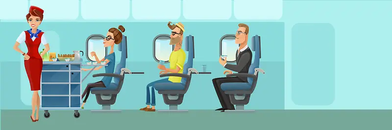 淘宝矢量卡通空姐乘客座椅蓝色食物海报背景