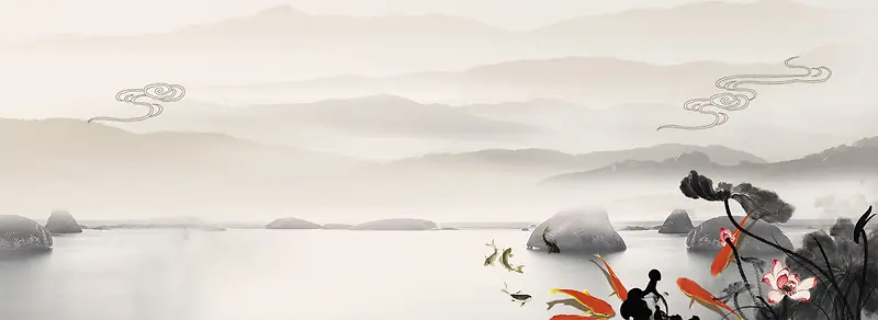 荷花大暑文艺中国风远山灰色背景