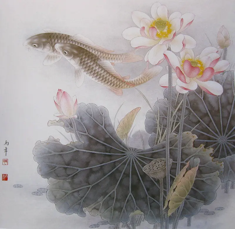 鲤鱼荷花荷塘国画