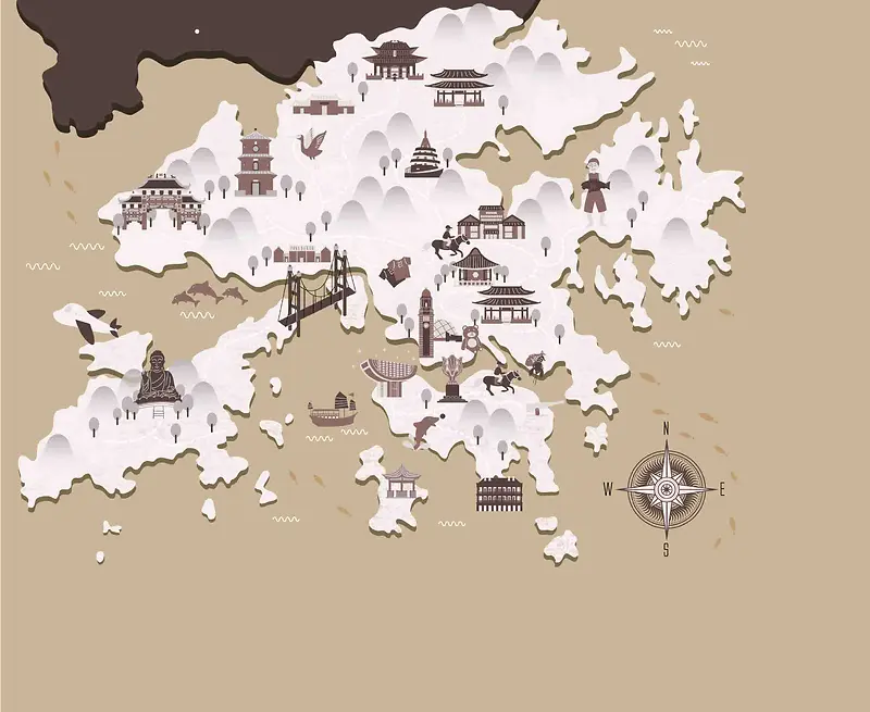 手绘矢量旅游香港景点地图灰色海报背景