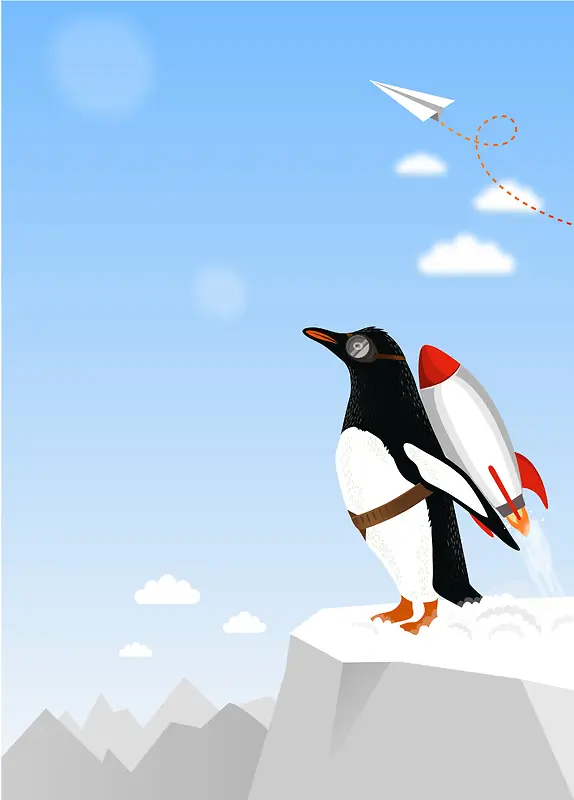 卡通企鹅火箭蓝天背景素材