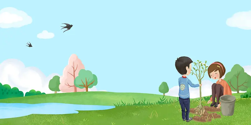手绘卡通水彩风女孩春天出游踏青背景