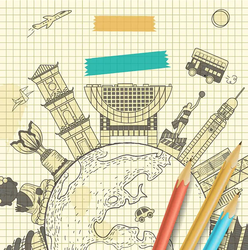 手绘矢量旅游香港景点铅笔地球地图海报背景