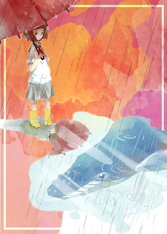 水彩炫彩下雨中的打伞女孩海报背景