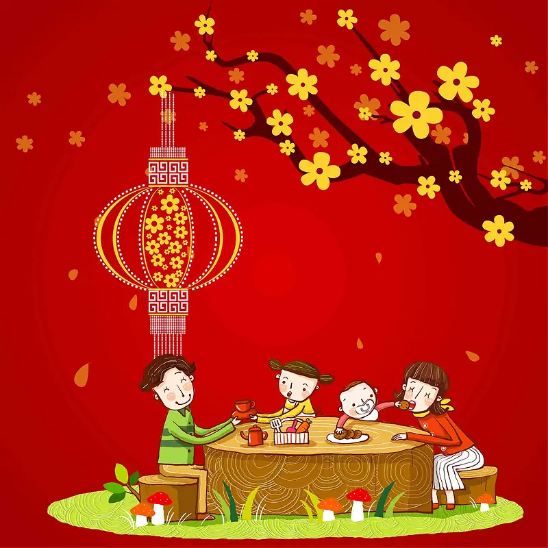 春节回家团聚一家人年夜饭团年灯笼海报背景