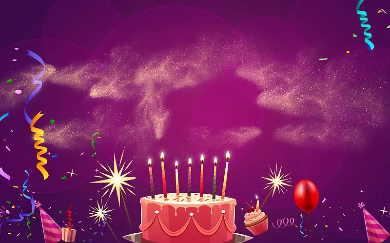 紫色矢量洒金蛋糕生日派对海报背景素材