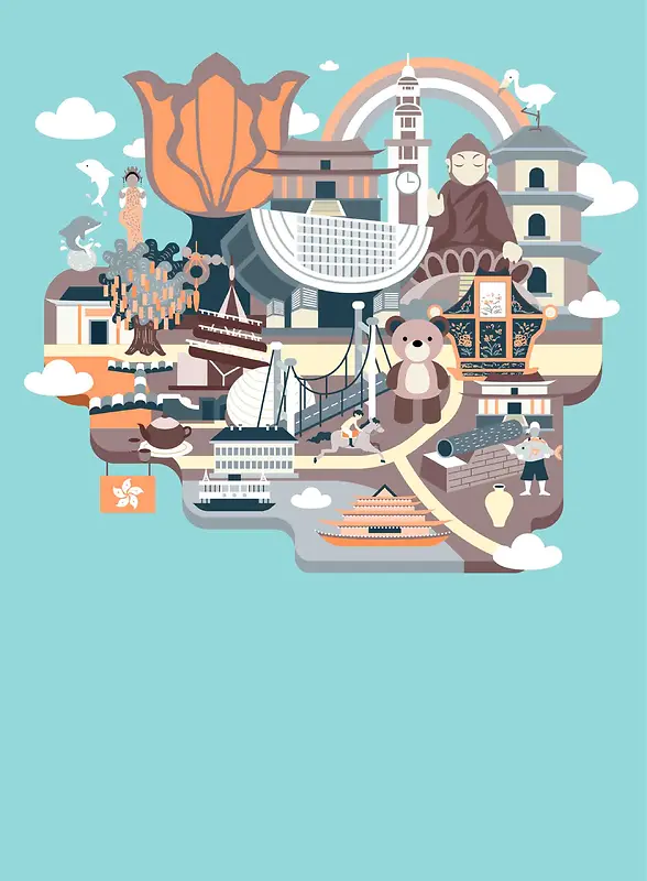 手绘矢量旅游香港景点蓝色白云地图海报背景