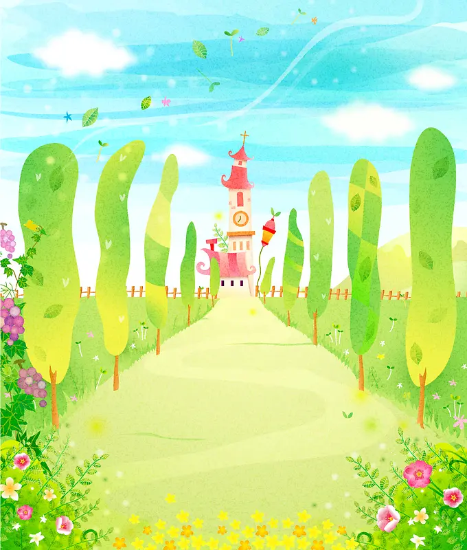 矢量水彩儿童插画城堡背景