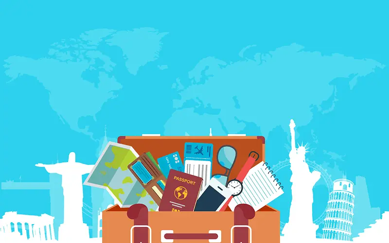 卡通扁平旅行箱旅游世界背景素材
