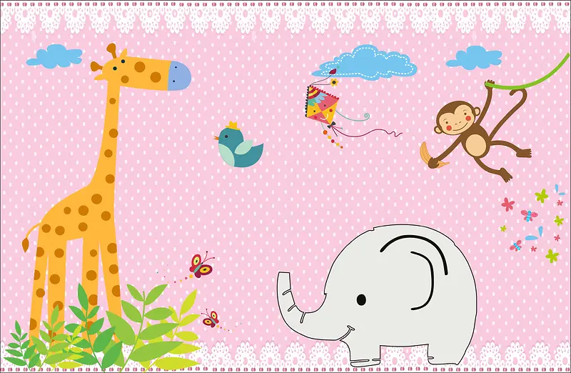 粉色动物插画形象墙背景素材