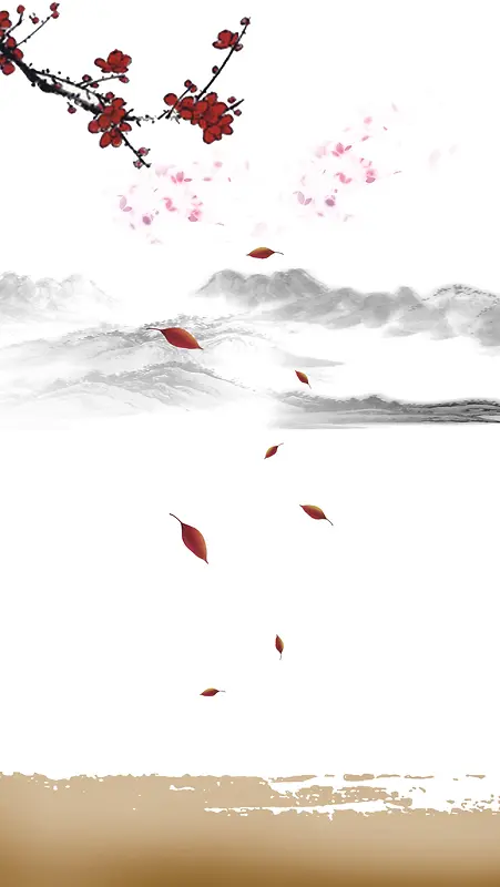 中国风灰色远山红色梅花矢量H5背景素材
