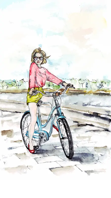 手绘骑自行车的女生