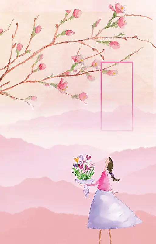 桃花树下的小女孩背景素材