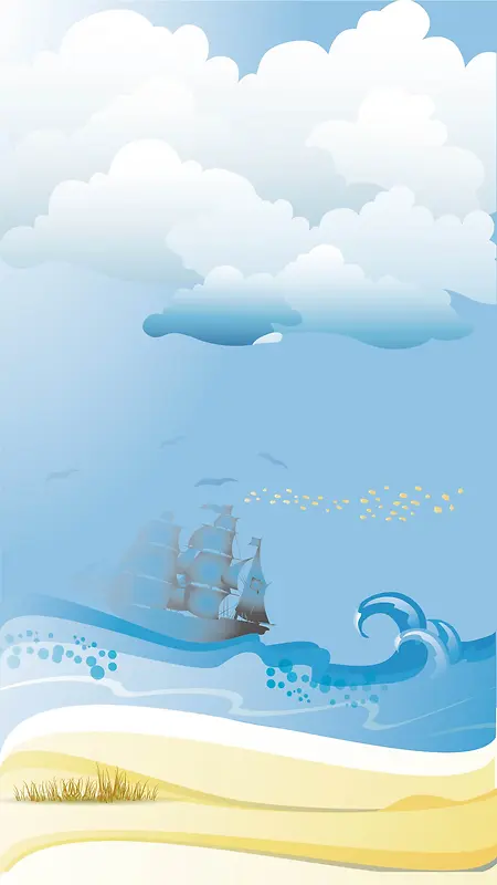 卡通大海蓝天云彩背景AI分层H5背景素