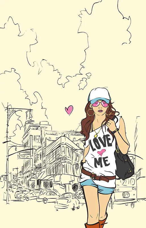 卡通女孩时尚手绘旅游海报背景