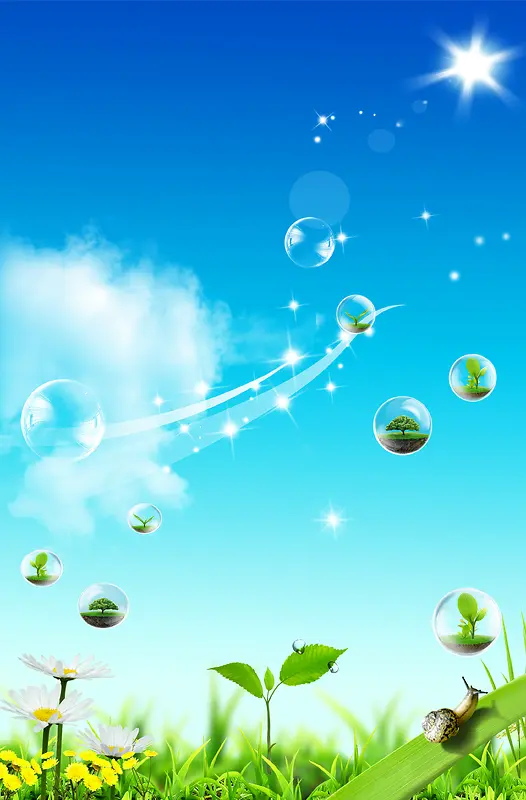 蓝天白云风景绿色草地树丫气泡背景素材
