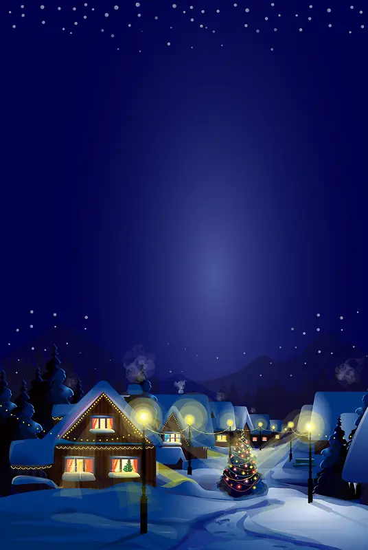 圣诞夜雪景圣诞村海报背景素材
