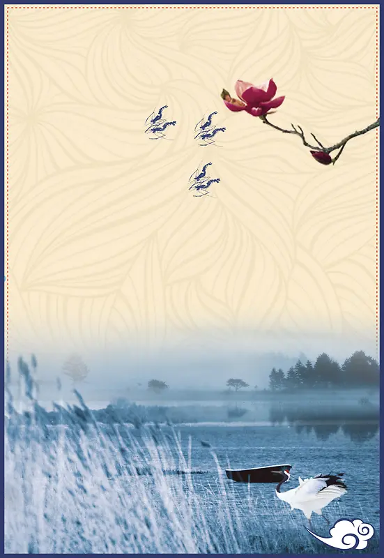 中国风水墨风景与玉兰花背景素材