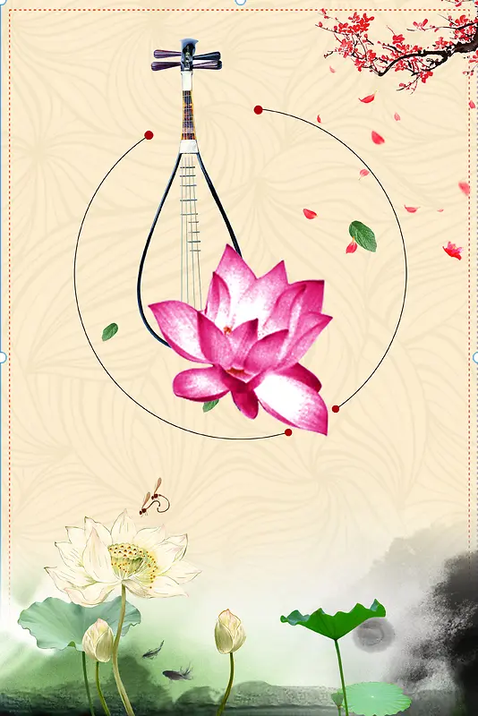 中国风莲花池上的琵琶春节背景素材