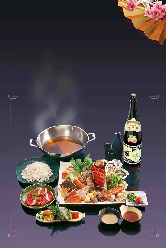中式美食串烧火锅寿喜烧和物紫色海报背景