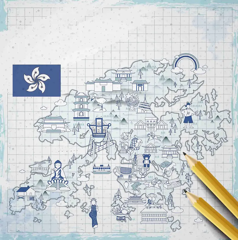 手绘矢量旅游香港景点蓝色线条地图海报背景