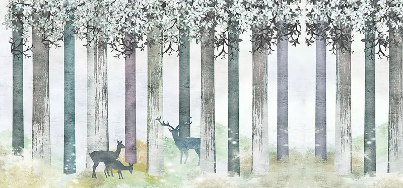手绘树林北欧艺术背景墙装饰画