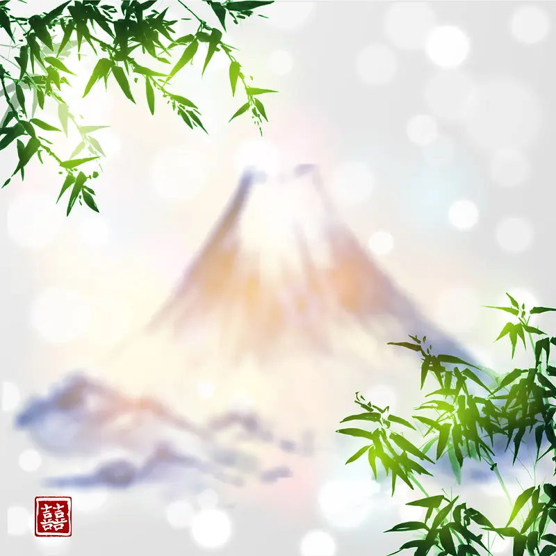 日本富士山水墨竹子光晕背景