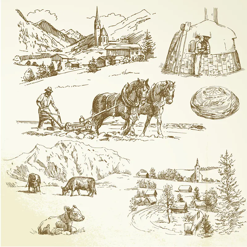 西欧山谷小村庄手绘背景图