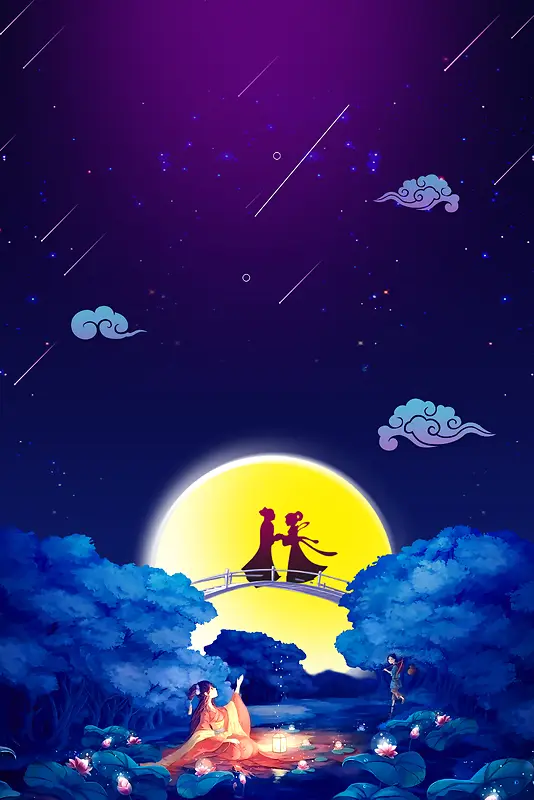 蓝色夜空中国传统七夕节海报背景素材
