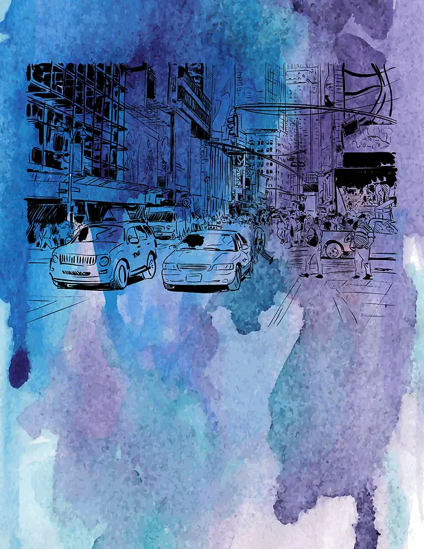 矢量水彩手绘旅游纽约街道背景