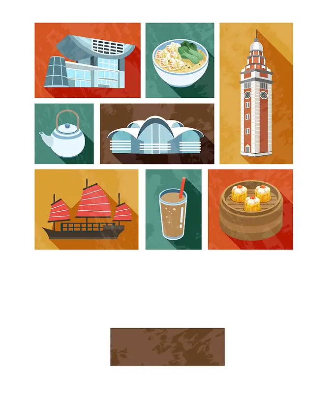 手绘矢量旅游香港景点美食蒸笼中环海报背景