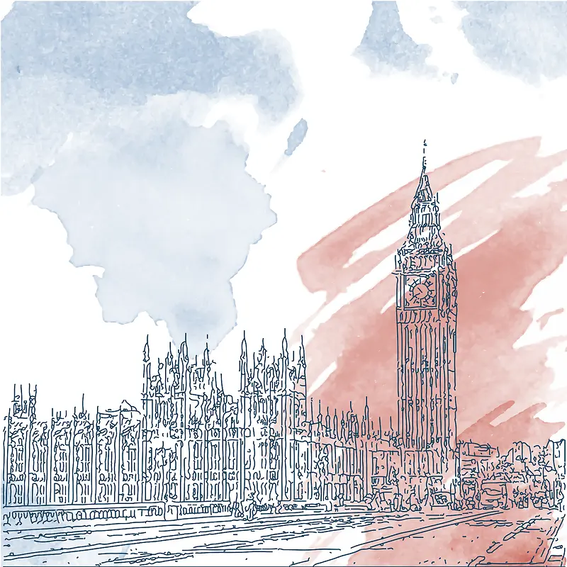卡通水彩手绘英国建筑旅游背景素材