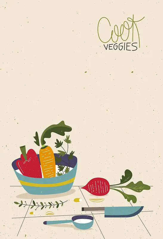 彩绘健康蔬菜厨具插画海报背景素材