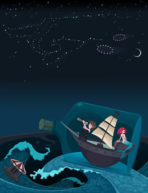 深夜海浪美人鱼漂流瓶海报背景素材