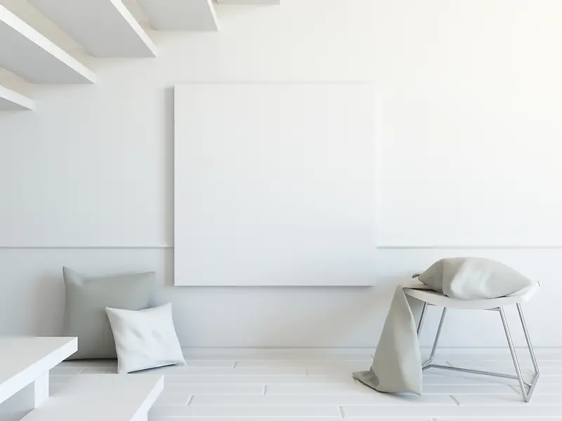 凳子枕头与墙上空白无框画背景素材