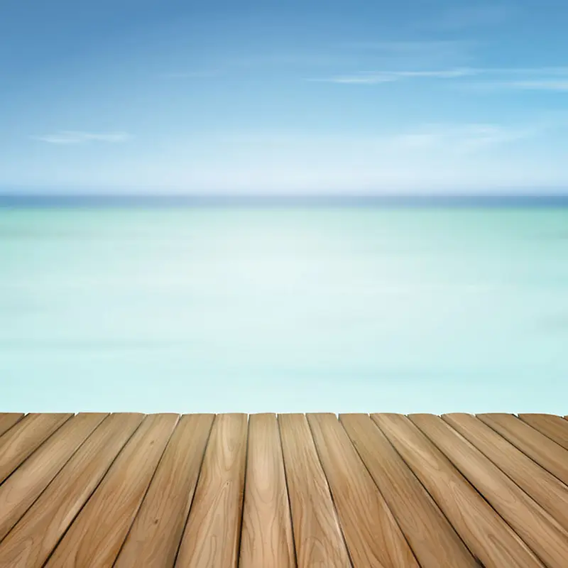 蔚蓝天空海洋木板展台背景