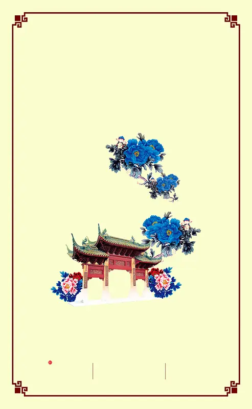 中国风手绘古建筑与蓝色牡丹花背景素材