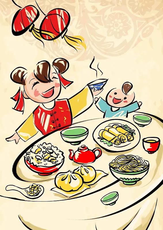 卡通手绘儿童年夜饭海报背景模板