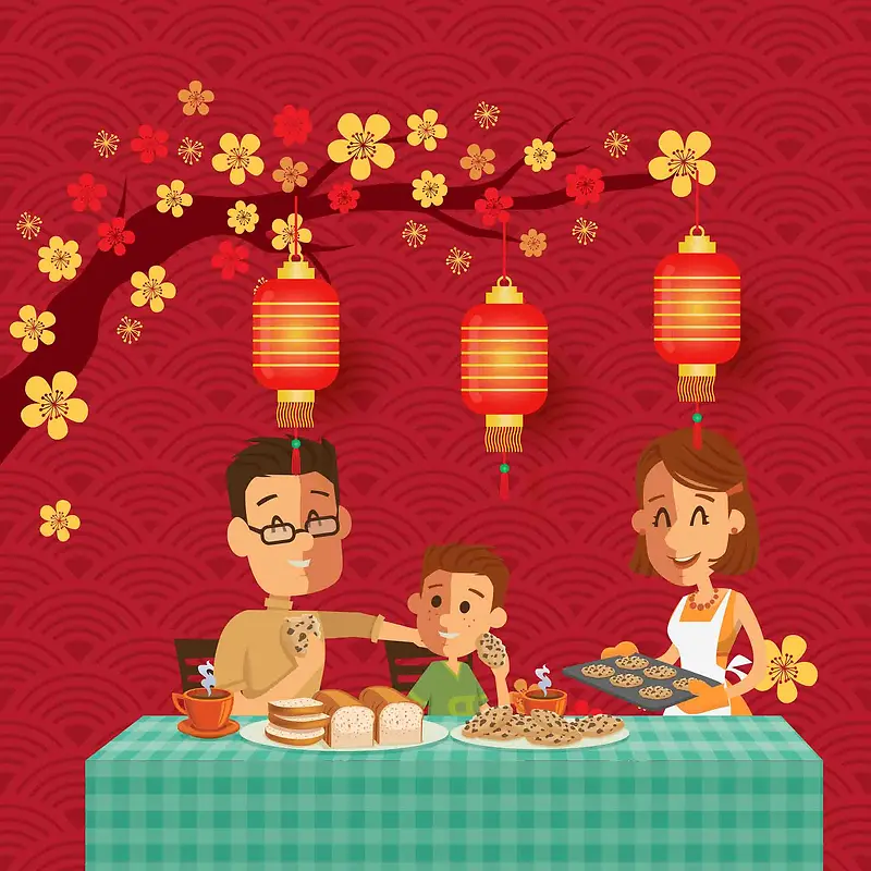 春节回家团聚一家人年夜饭梅花灯笼海报背景