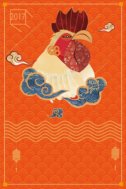 中国风公鸡剪纸喜气橘色背景素材