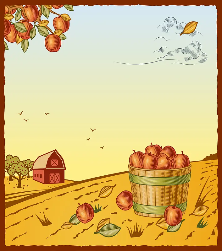 卡通插画果园苹果水果海报背景素材