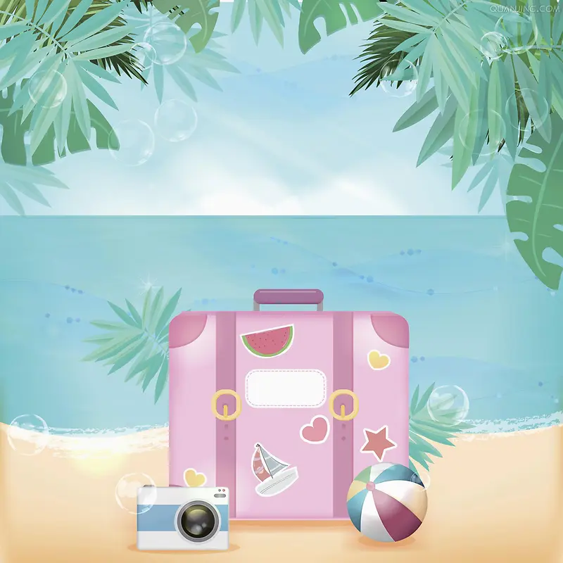 手绘夏日海滩风景旅游平面广告