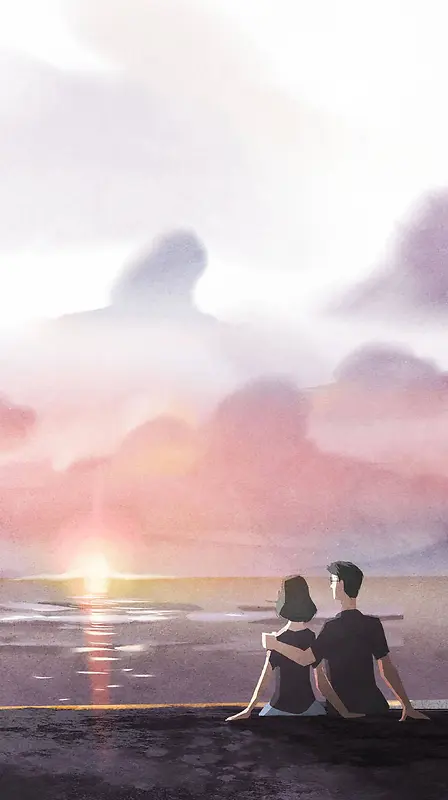 手绘卡通情侣夕阳平面广告