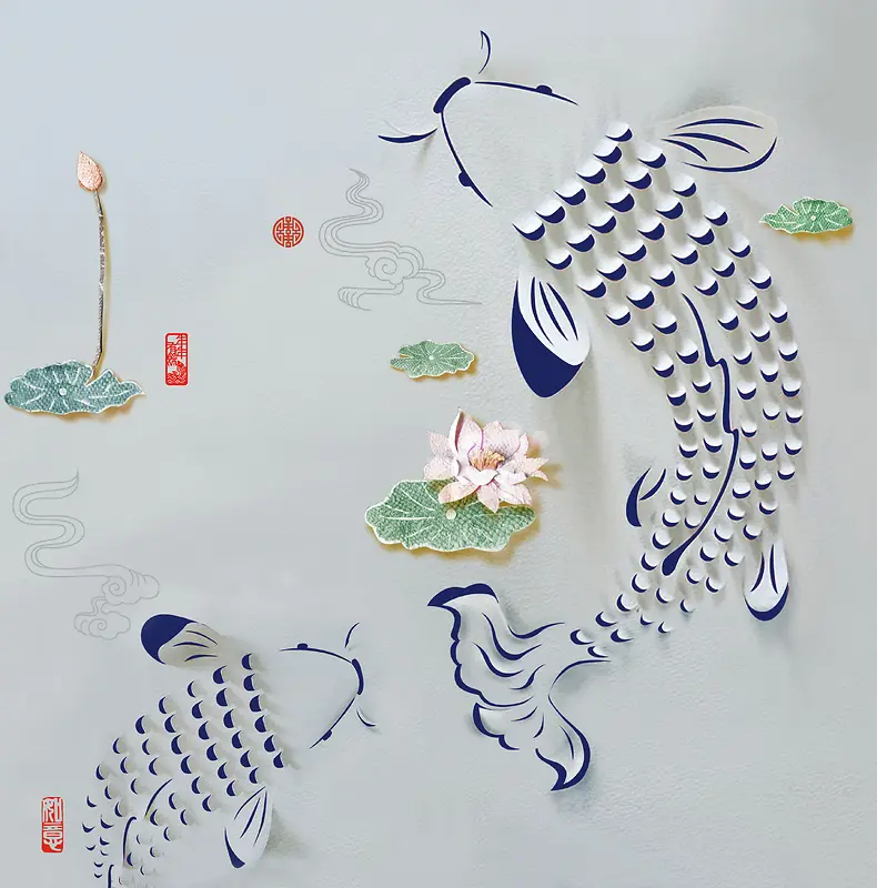 中国风剪纸立体锦鲤背景素材