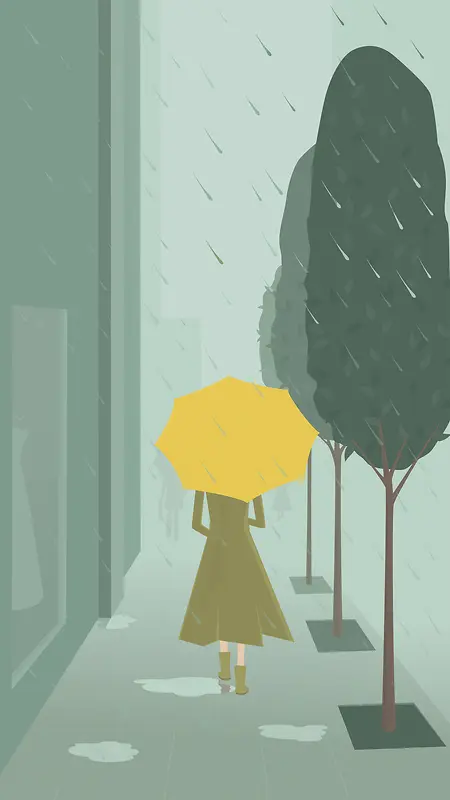 卡通雨天美女背影