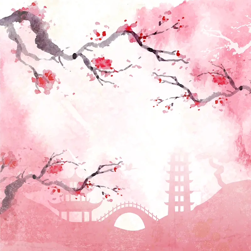 水墨手绘卡通樱花日本唯美旅行背景素材