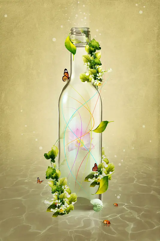 淡雅玻璃瓶插画海报背景素材